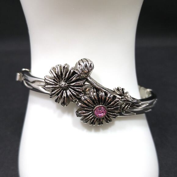 Vintage Lenox Floral Pink Rhinestone Hinged Bracelet, October Flower - Picture 3 of 10